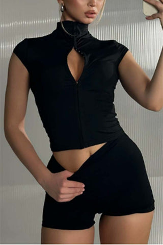 High-Neck Short Set with Keyhole Detail