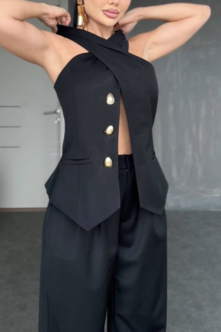 Halter Buttoned Pants Set