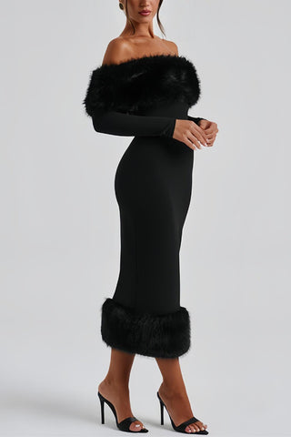 Off-Shoulder Fur Trim Evening Dress