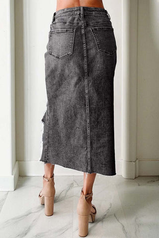 Irregular Distressed Denim Midi Skirt