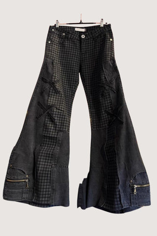 Patchwork Flare Jeans with Lace-Up Detail