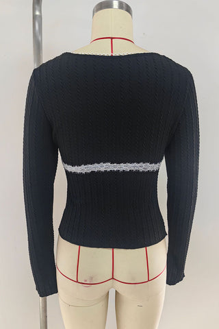 Ribbed Long-Sleeve Blouse with Lace Detail