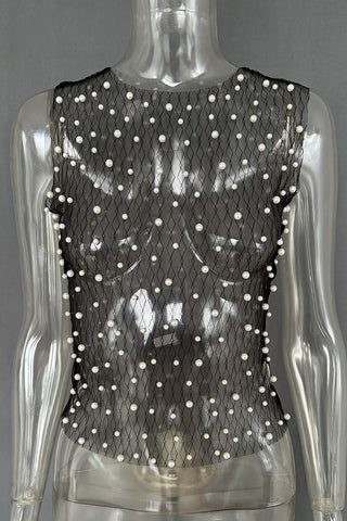 Pearl-Embellished Mesh Tank Top