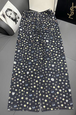 Patterned Wide-Leg Jeans