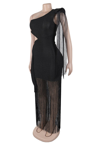 One-Shoulder Fringe Evening Dress