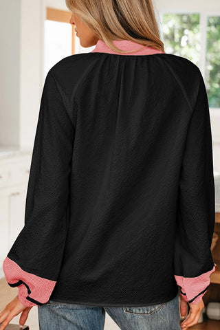 Color Block Patchwork V Neck Blouse