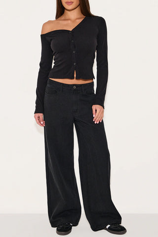 Asymmetric Buttoned Off-Shoulder  Top