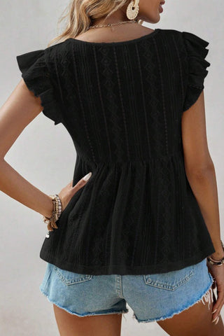 Lace Trim Ruffle Sleeve V-Neck Top