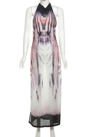 Abstract Print Halter Maxi Dress