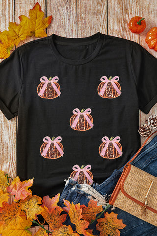 Black Sequin Bow Pumpkin Patched Cotton Blend T Shirt