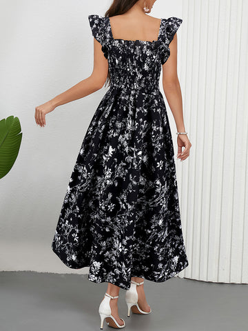 Floral Print Ruffle Sleeve Midi Dress