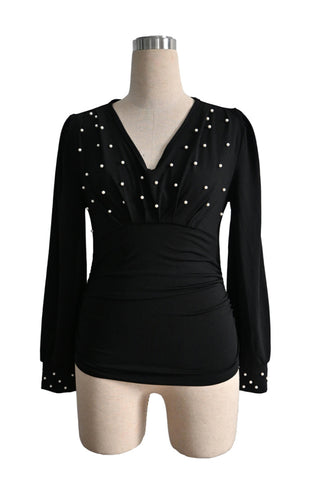 Pearl-Embellished V-Neck Blouse
