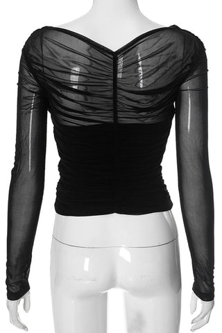 Ruched Mesh Long Sleeve Blouse