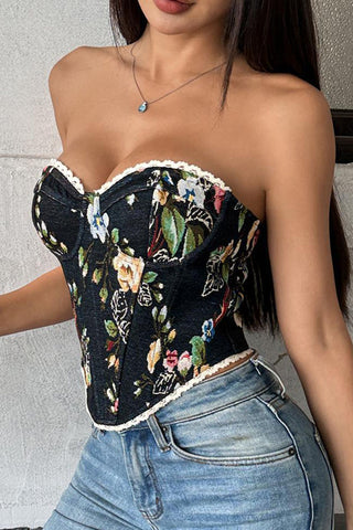 Floral-Patterned Strapless Corset Tank