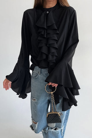Ruffled Front Blouse with Flared Sleeves