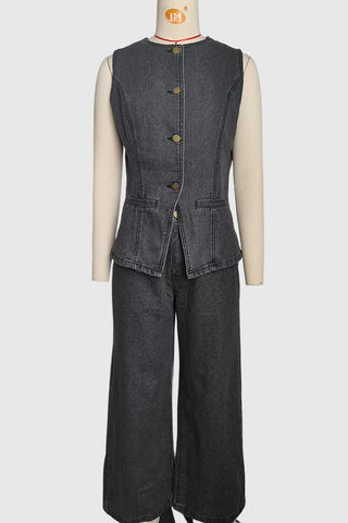 Sleeveless Button-Front Vest Set