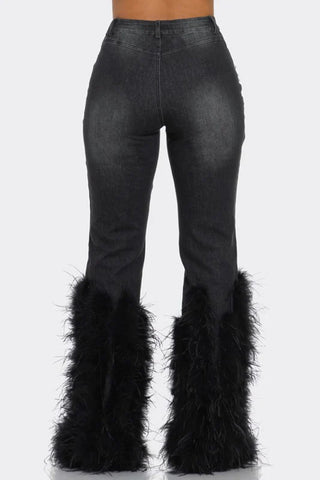 Distressed Bootcut Jeans with Feather Trim