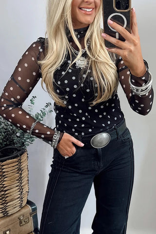 Polka Dot Mock Neck Long Sleeve Top
