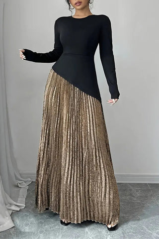 Asymmetric Long-Sleeve Pleated Dress