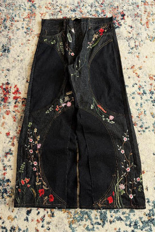 Floral Detail Wide-Leg Jeans