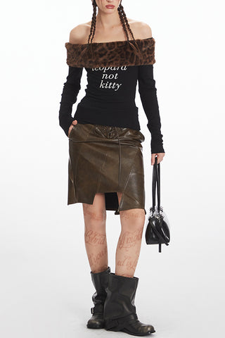 Off-Shoulder Graphic Tee with Faux Fur Collar