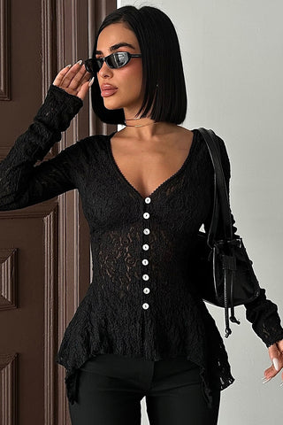 Lace Button-Front Flared Blouse