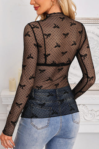 White Heart Lace Mesh Long Sleeve Top