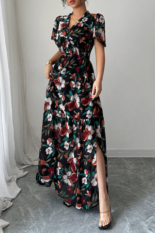 Floral Print V Neck Casual Maxi Dress