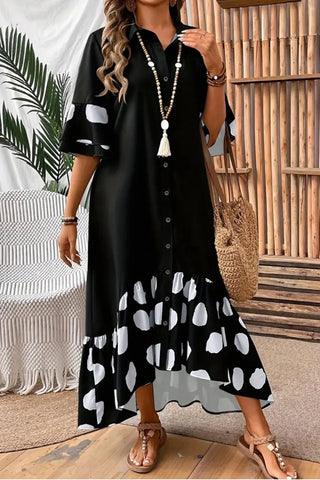 Polka Dot Button-Front Midi Dress