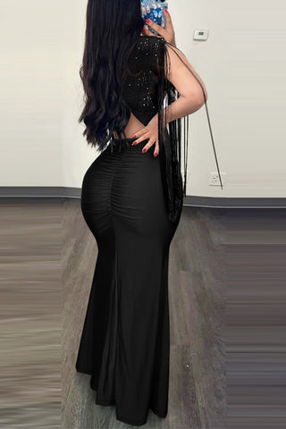 Fringe-Sleeve Evening Dress