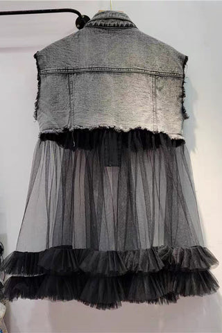 Embellished Denim Vest with Mesh Details