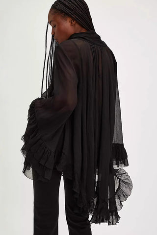 Tie-Neck Sheer Blouse with Ruffled Details