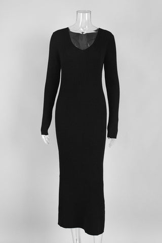 Ribbed V-Neck Long Sleeve Midi Dress