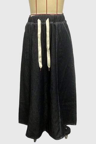 Drawstring Denim Maxi Skirt