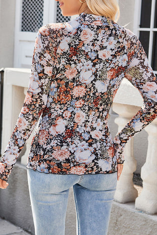 Floral High-Neck Long Sleeve Blouse