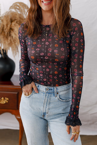 Floral Print Slim Fit Mesh Bodysuit