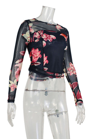 Floral Long-Sleeve Mesh Blouse
