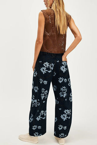 Heart Patterned Wide-Leg Jeans