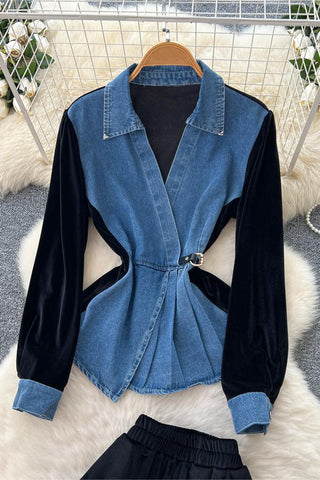 Stylish Denim and Velvet Pants Set
