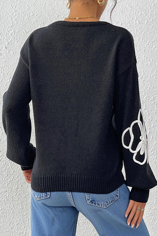 Floral Accent V-Neck Sweater