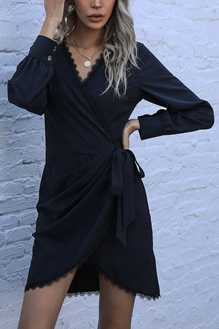 Wrap-Style Casual Dress with Lace Trim