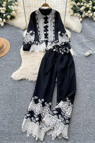 Lace Button-Up Pants Set