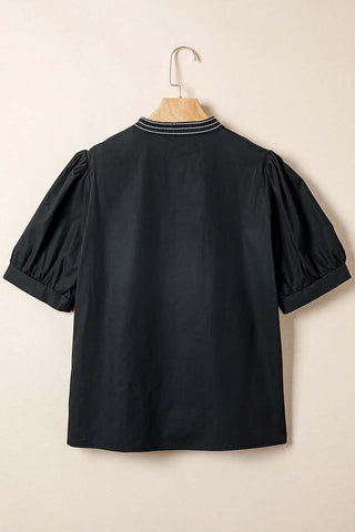 Short Puff Sleeve Contrast Detail V Neck Blouse