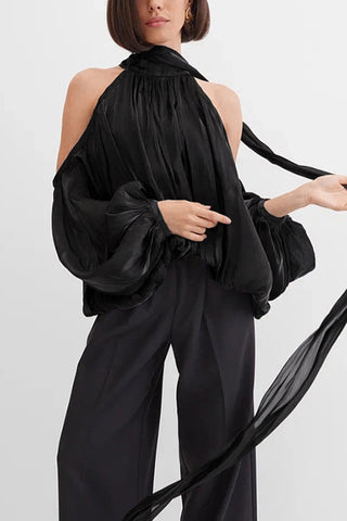 Draped Cold Shoulder Flowing Blouse