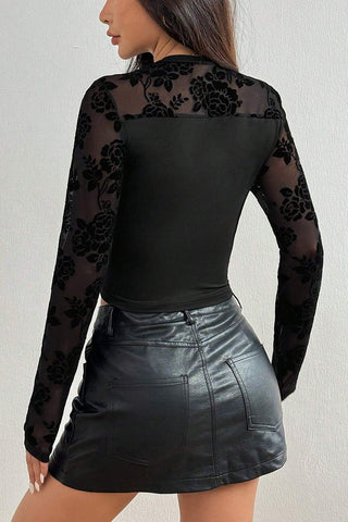 Floral Mesh Detail Long Sleeve Top