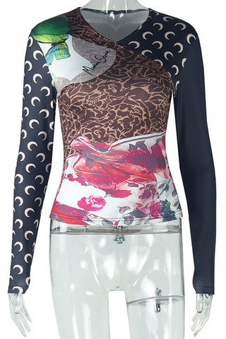 V-Neck Artistic Print Long Sleeve Tee