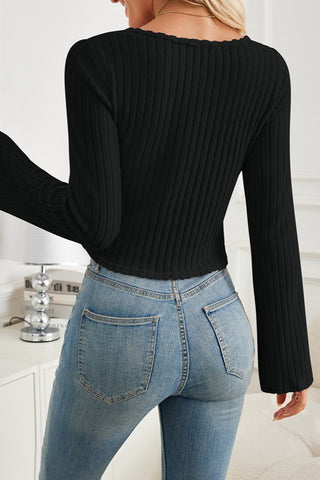 Ribbed Long-Sleeve Tie-Front Top
