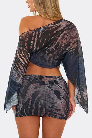 Off-Shoulder Abstract Print Skirt Set
