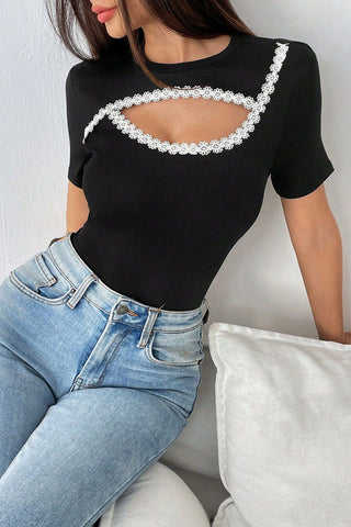 Cutout T-Shirt with Embroidered Detail