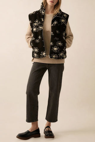 Floral Sherpa Vest with Zip Front